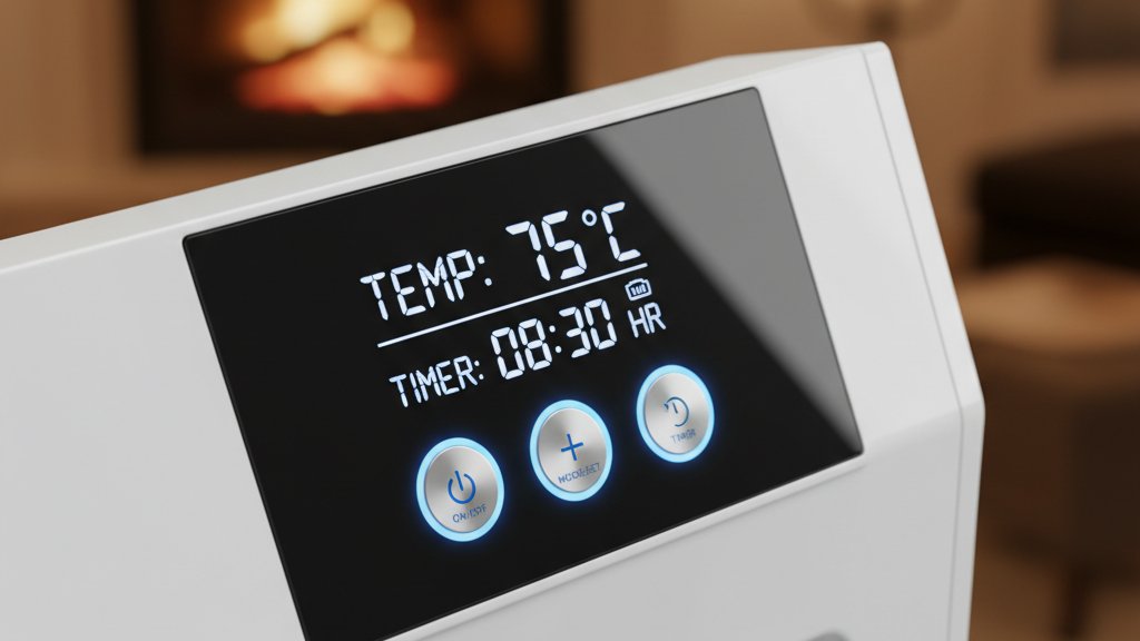 תקריב על פאנל בקרה דיגיטלי של מחמם שמן, מציג הגדרות טמפרטורה, טיימר וכפתורי הפעלה, עם רקע מטושטש של חדר מחומם.