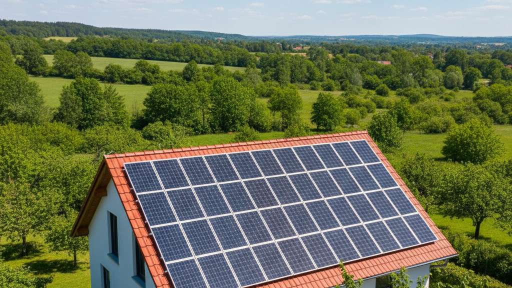 פאנלים סולאריים מודרניים מותקנים על גג רעפים אדום של בית פרטי, עם נוף ירוק של עצים ברקע ושמיים בהירים. הפאנלים נקיים ומסודרים ומראים את הפוטנציאל לניצול אנרגיה מתחדשת.