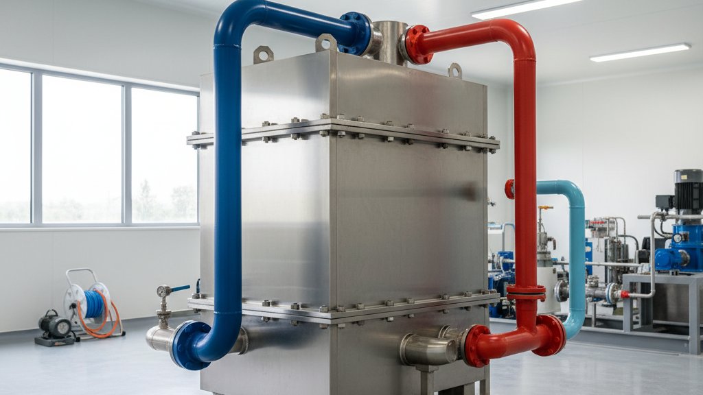 מחליף חום לוחות מודרני עם צינורות כניסה ויציאה מסומנים בצבעים שונים, ממוקם במתקן תעשייתי נקי ומואר.