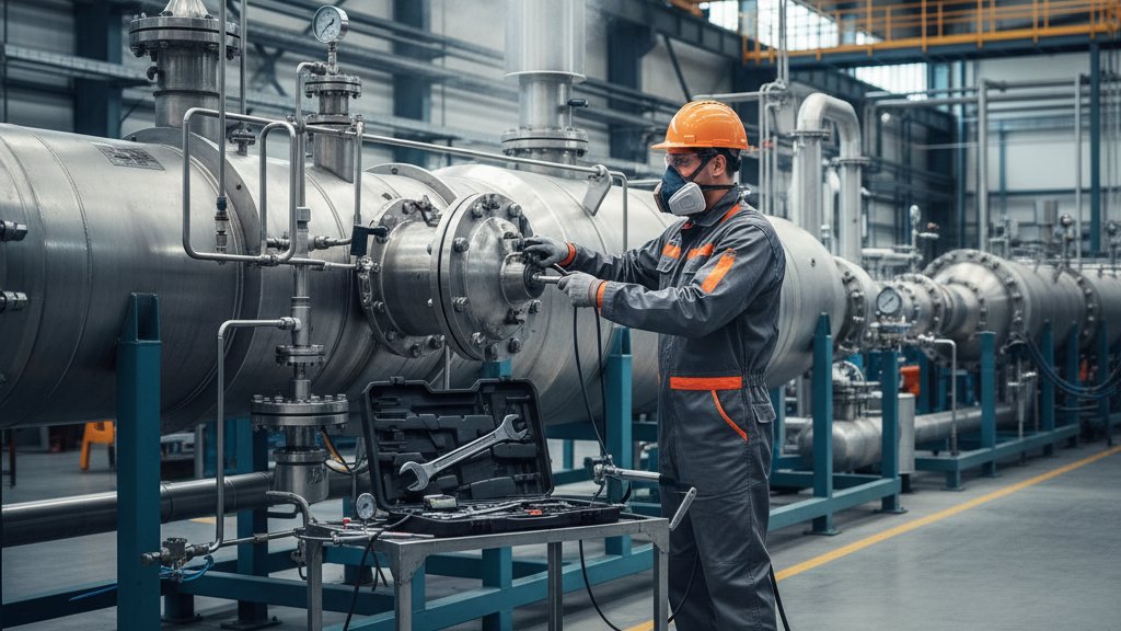 עובד תחזוקה בודק מחליף חום צינורות גדול במפעל, לובש ציוד מגן, עם כלים מונחים לידו.
